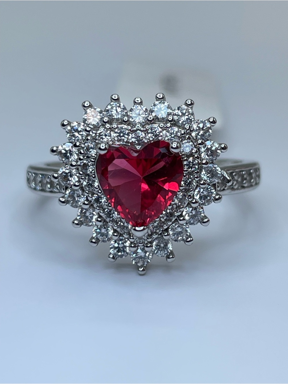 Swarovski Crystal Elements Ruby Red Heart Crystal White Halo Statement Ring Sz 8